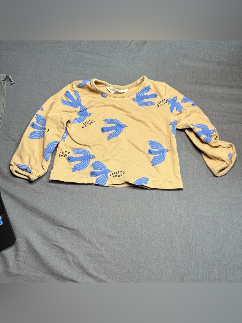 H&M Tan Long Sleeve Tee with Blue Bird Print